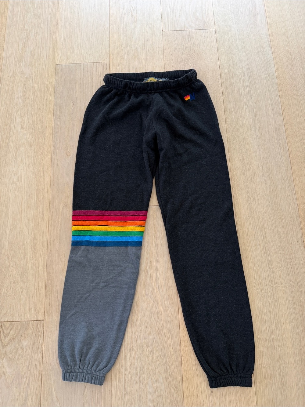 Aviator Nation Black Sweatpants with Rainbow Stripe and Gray Lower Leg